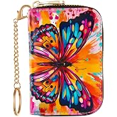 AIRMORS Credit Card Wallet, Zipper Leather Card Cases Holder for Men Women, RFID Blocking, Keychain Wallet (Colorful Butterfly)