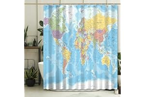 DDS-DUDES World Map Shower Curtain with Major Cities, Funny Kids Education Bathroom Sets, Water Repellent Fabric Curtains with Hooks 71x71 inches71x71 inches