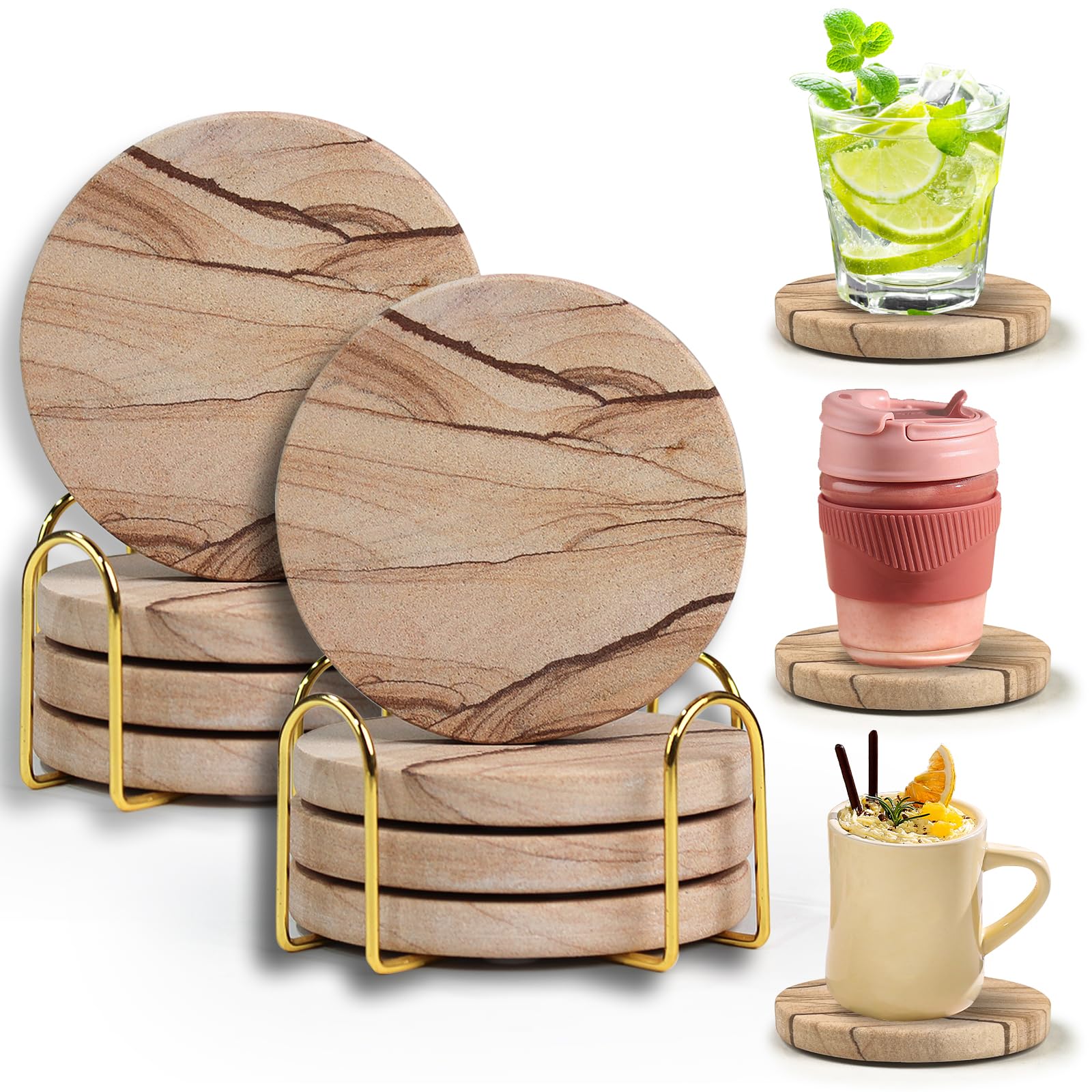 Photo 1 of Natural Sandstone Coasters Set of 8 with Holder, 4 in Dia Drink Coasters for Coffee Table, Water Absorbent & Heat Resistant Cup Coaster for Home & Office, Christmas Birthday Gift