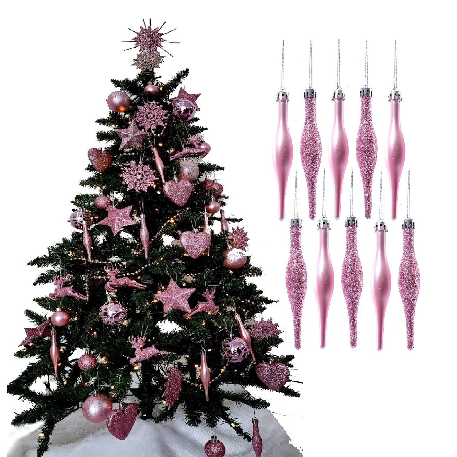 Simply Products 10 Droplet Baubles - Great Christmas Tree Decoration, Matte & Glitter Icicle Baubles (Blush (Pink) Glitter & Matte) — image 1