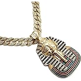 BLINGFACTORY Hip Hop Large Egyptian Pharaoh Pendant & 15mm 18" Full Iced Cuban Choker Chain Necklace