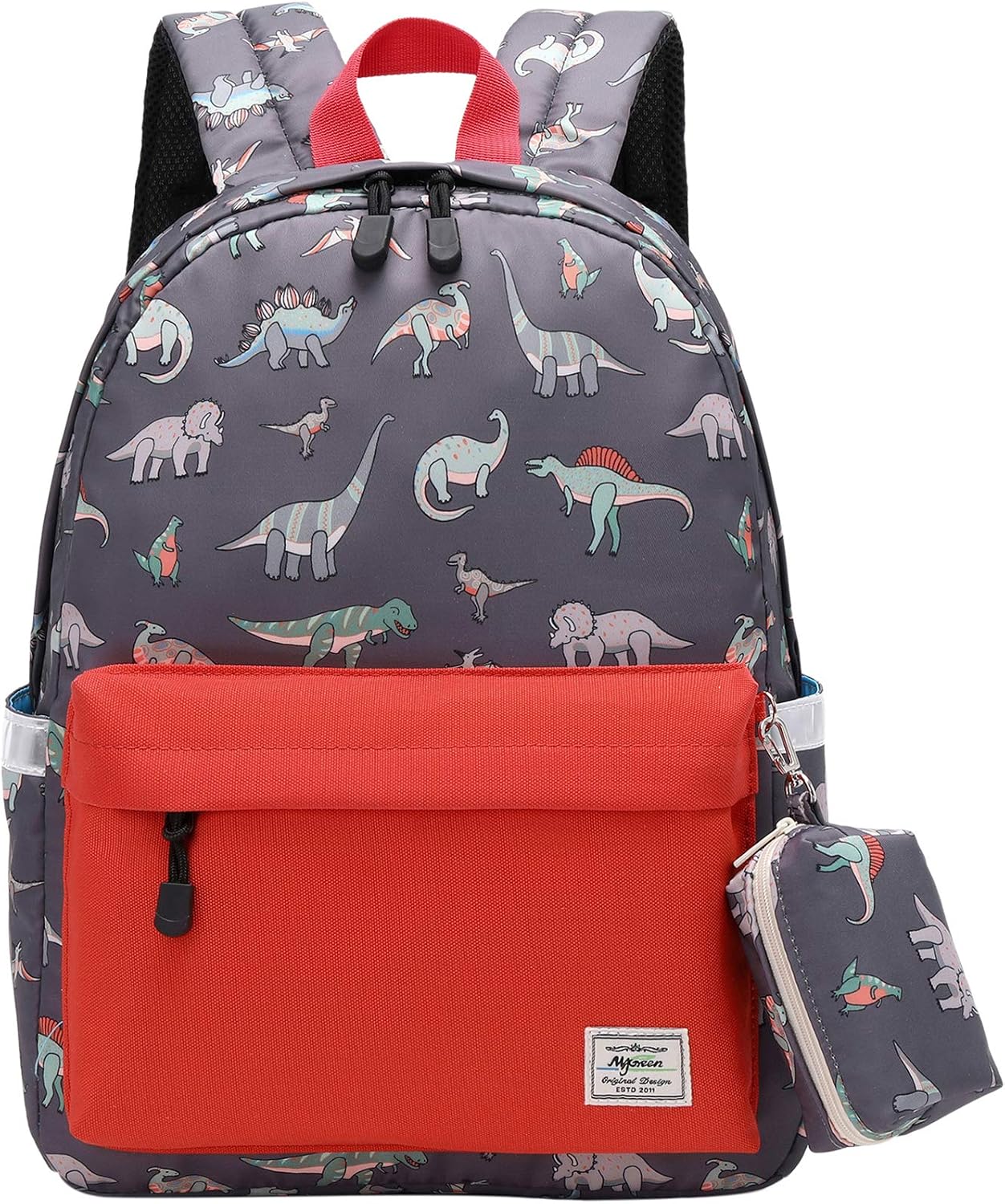 Mygreen Children's Backpacks Dinosaur School Bag Water Resistant Rucksack for Girls and Boys Fashion Printed Bookbag for Students Teenagers Casual Daypack Orange Red with Coin Purse