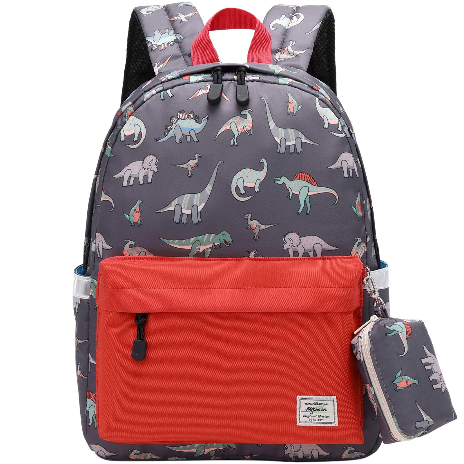 Mygreen Children's Backpacks Dinosaur School Bag Water Resistant Rucksack for Girls and Boys Fashion Printed Bookbag for Students Teenagers Casual Daypack Orange Red with Coin Purse