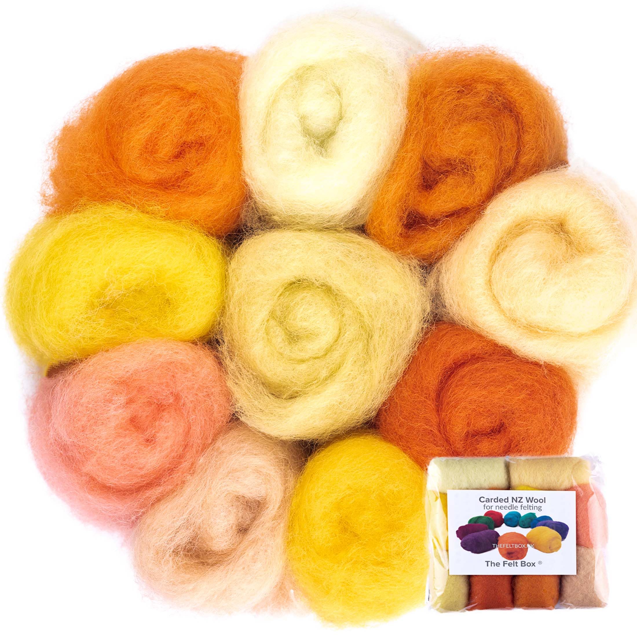 The Felt Box Needle Felting Wool – Orange & Yellow Shade Pack 100g (3.5oz) Carded Batts | Short Coarser Fibres for Needle & Wet Felting, Core Wool & Finishing Wool