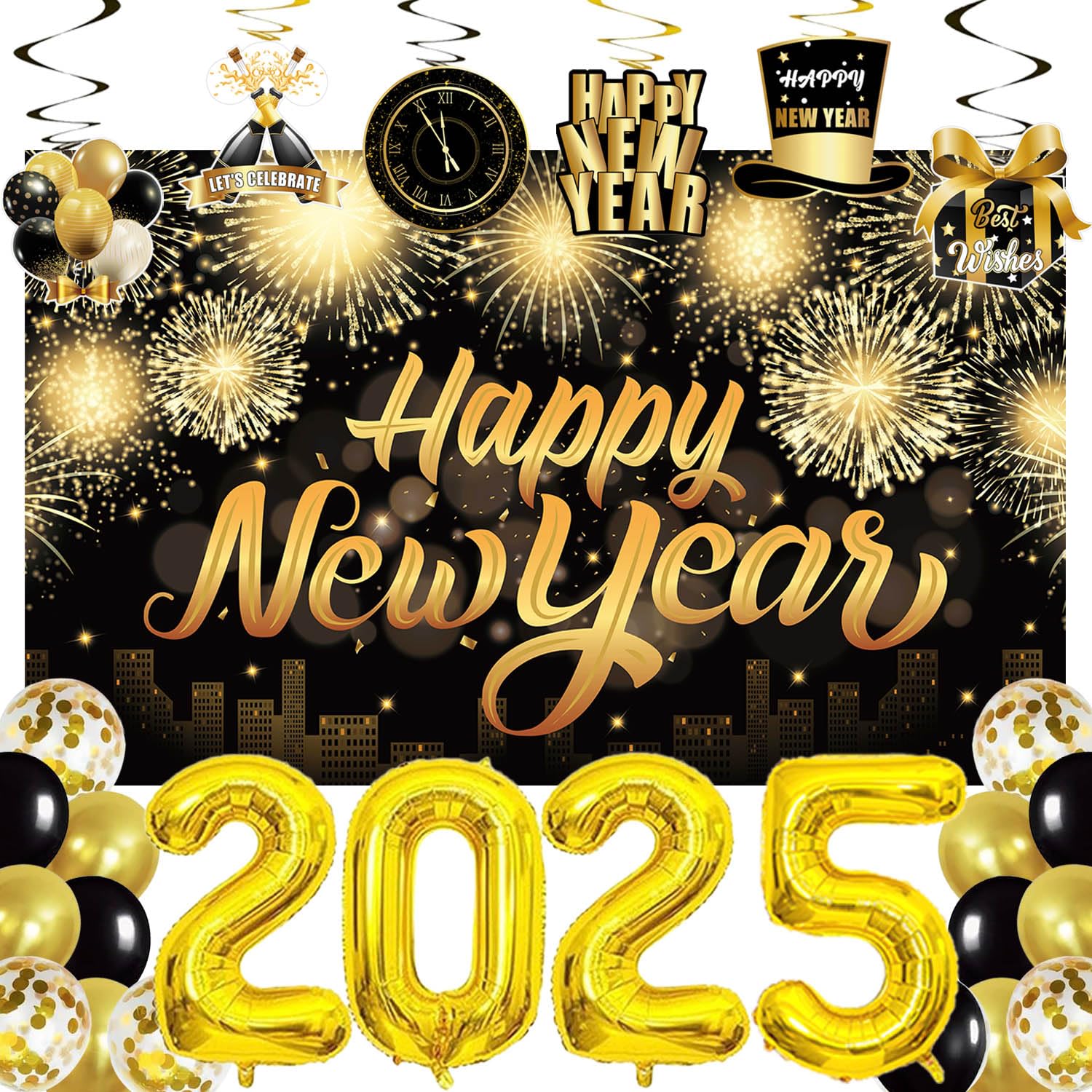 New Years Eve Party Decoration 2025, Large happy New Year Background Banner, New Years Hanging Swirls Decorations, XXL 2025 Foil Balloons, Latex Balloons, 2025 New Year Party Supplies