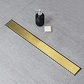 SaniteModar Linear Shower Drain, Gold Shower Drain 24 inch with 2 in 1 Tile Insert and Flat Panel, AISI 304 Stainless Steel Gold Linear Shower Floor Drain with Hair Strainer and Leveling Feet