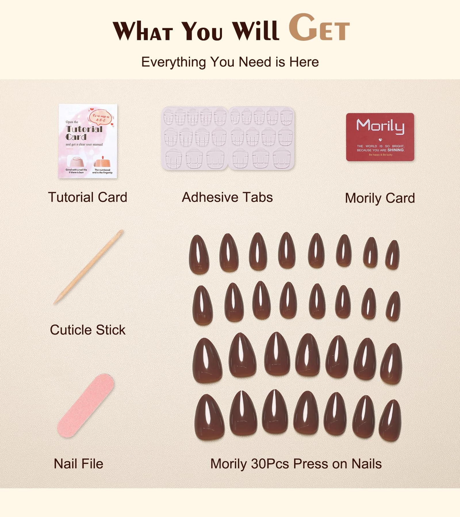 Morily Press on Nails Almond, Dark Brown Short Fake Nails with Designs Reusable Acrylic False Nails Glossy Full Cover Stick on Nails for Women - Image 4