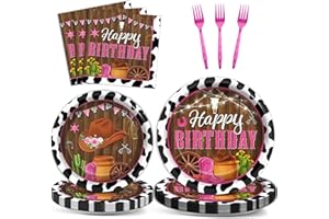 OBUSATT 96 Pcs Cowgirl Decorations Party Supplies Western Theme Paper Plates Cow Print Party Plates Western Disposable Plates and Napkins Girl Rodeo Pink Birthday Wild West Tableware Decor for Kids Serves 24