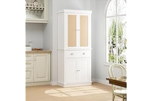 FACBOTALL 72.4” Kitchen Pantry Cabinet, Freestanding Cupboard with Rattan Doors and Large Drawer, Utility Pantry Cabinet, Tall Kitchen Pantry Storage Cabinet for Kitchen, Dining Room, White