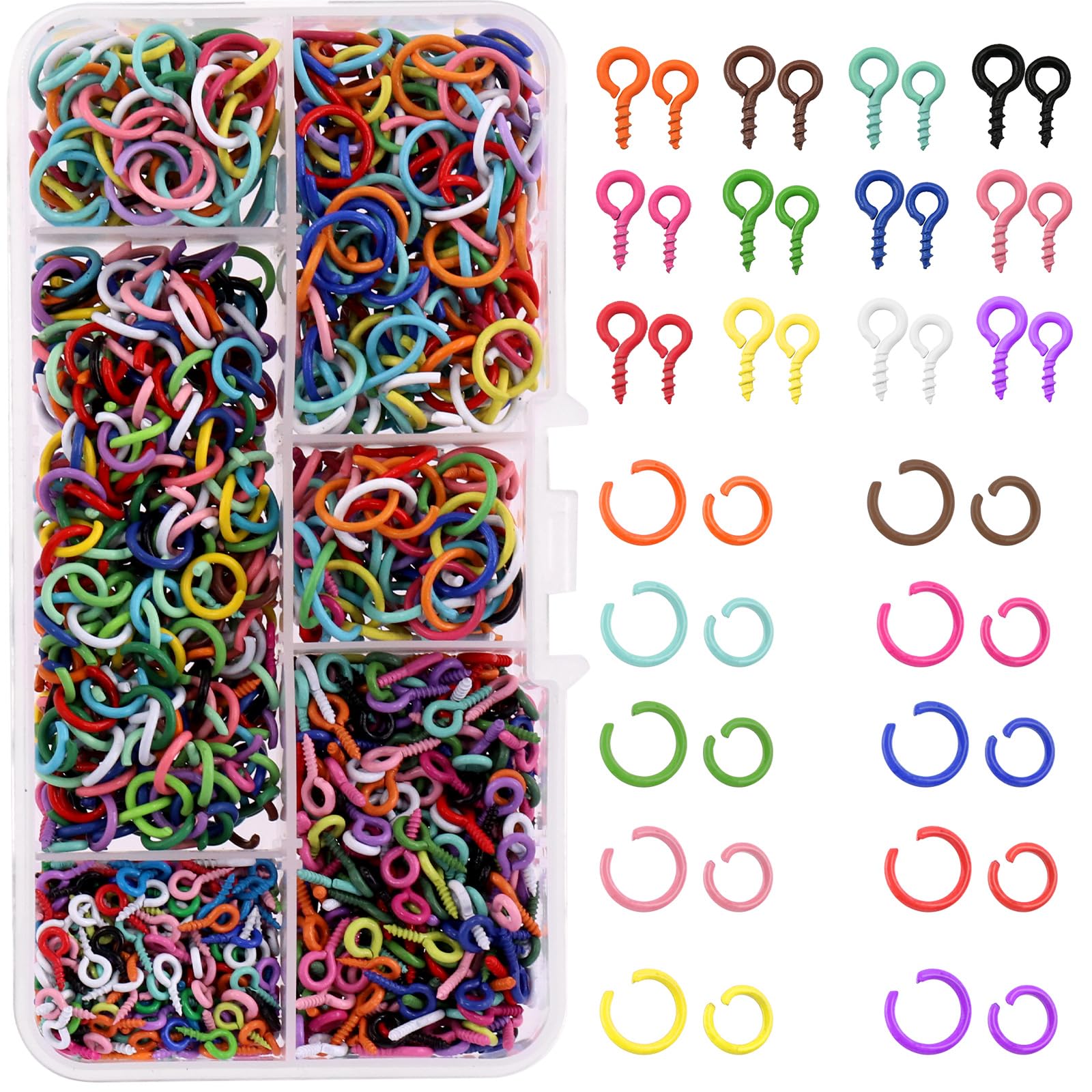 Tanstic 1200Pcs Colorful Mini Screw Eye Pins with Open Jump Rings Assortment Kit, 4x8mm/5x10mm Small Metal Eye Pins Hooks Eyelet Threaded, 8mm/10mm Jump Rings for Jewelry Making