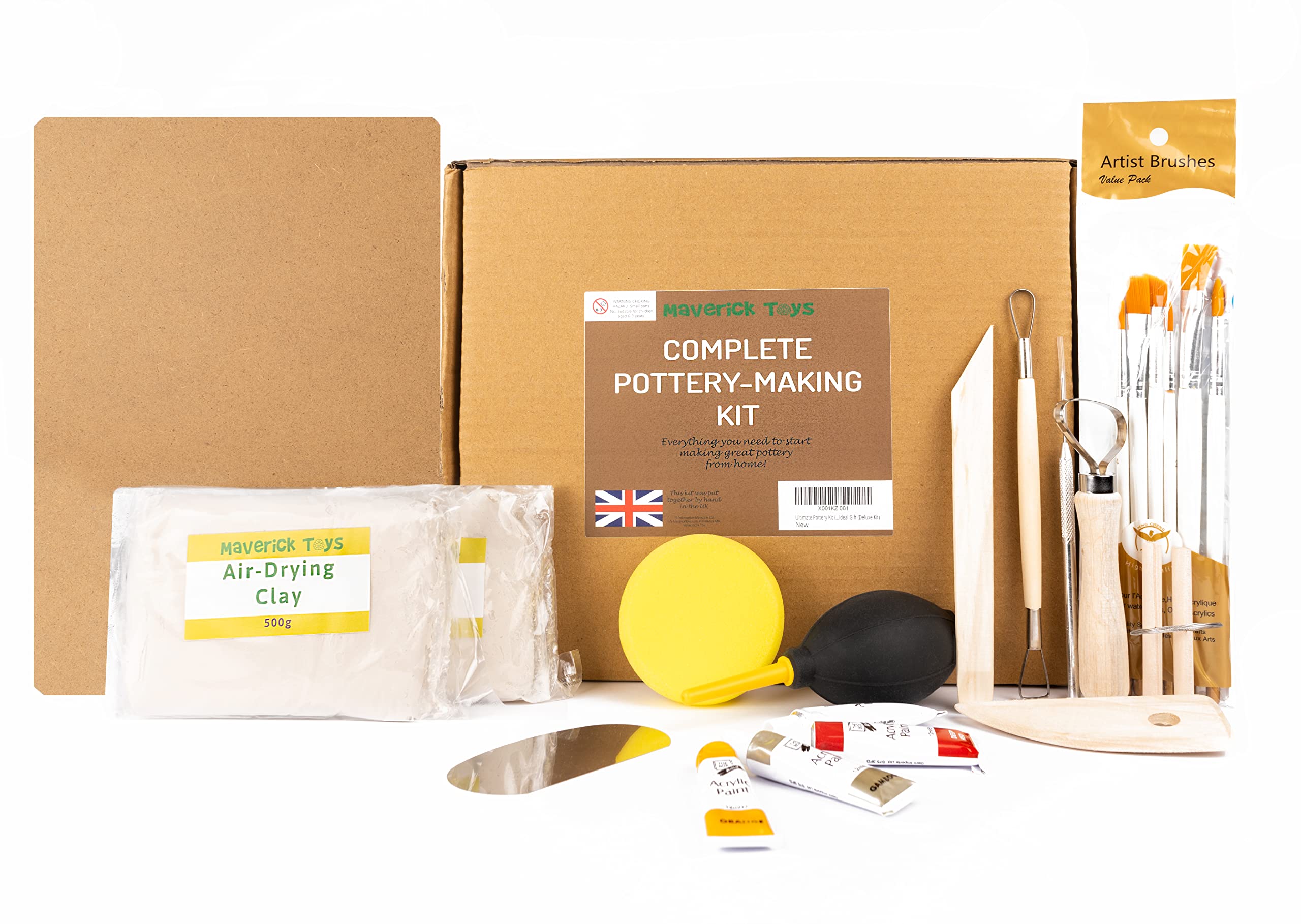 Maverick Toys Pottery Painting Kit - Air Drying Clay for Adults & Kids - Includes 1kg Clay, Tools, Paints, Brushes - Craft Kit for Home Use, Multicolour