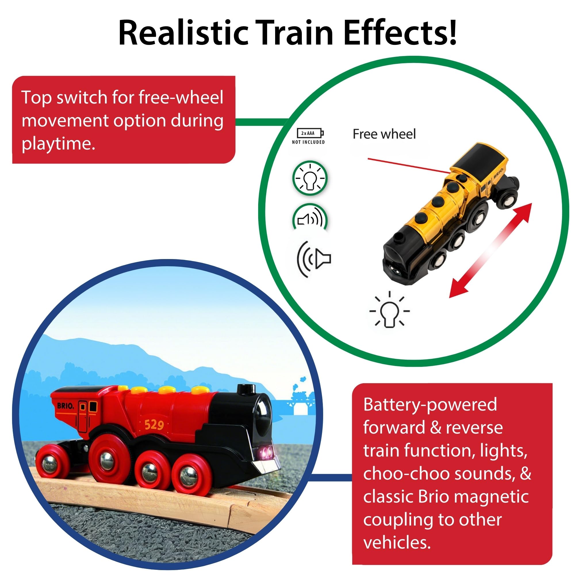 BRIO World Mighty Golden Action Locomotive - Battery Operated Toy Train for Wooden Track - Motorized Train with Lights & Sound - Works with All BRIO Sets - Exciting, Interactive Play - Ages 3 & Up