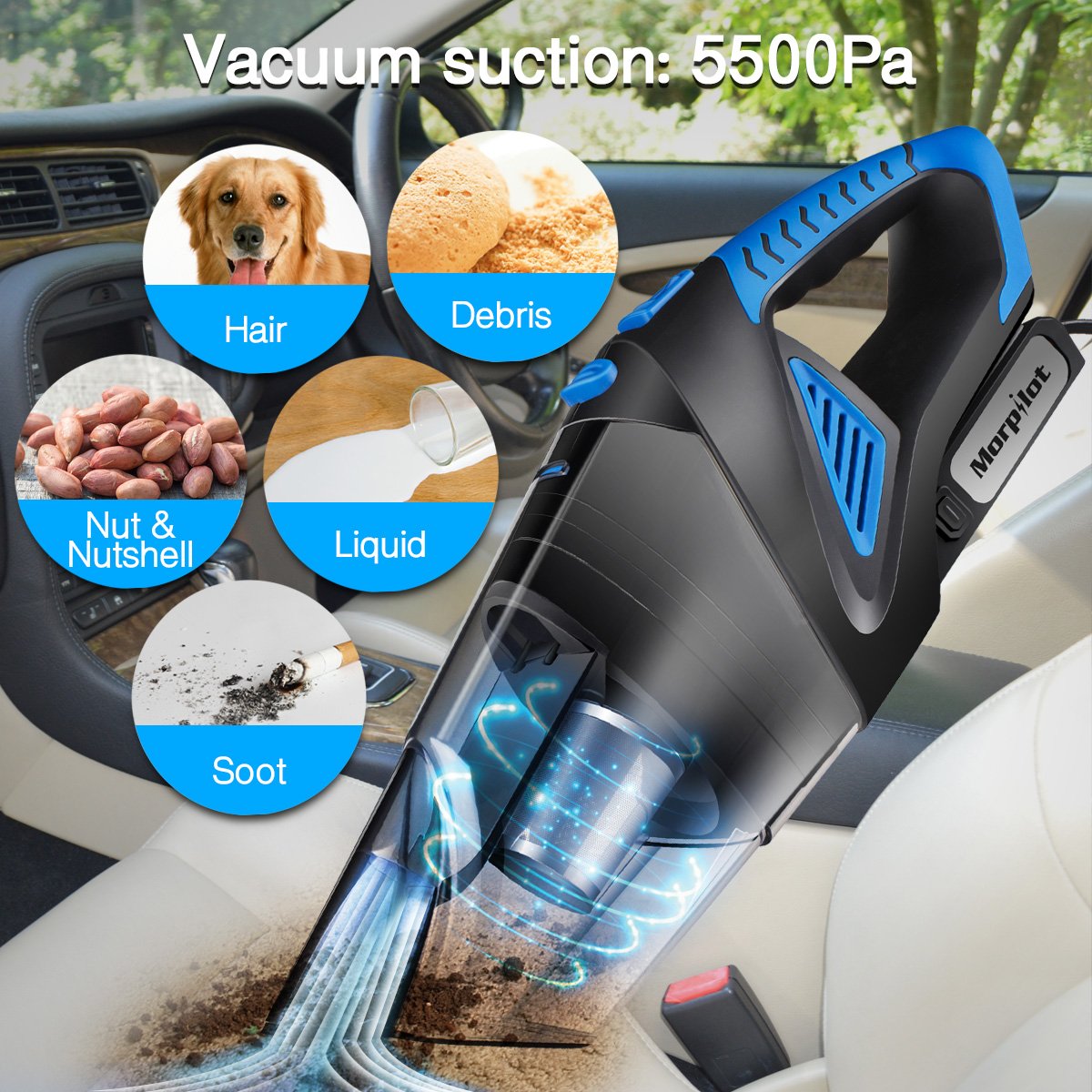 Car Vacuum Cleaner,Morpilot 5500Pa DC 12V 120W Portable Handheld Auto Vacuum Cleaner Auto Lightweight Cleaner Dustbuster Hand Vac with Stainless Steel HEPA Filter