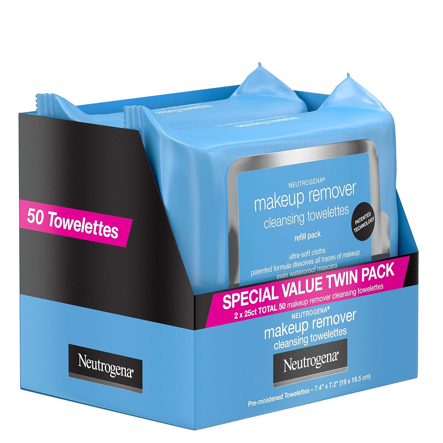 Neutrogena Makeup Remover Cleansing Face Wipes, Daily Cleansing Facial Towelettes to Remove Waterproof Makeup and Mascara, Alcohol-Free, Value Twin Pack, 25 count, 2 Pack: Beauty