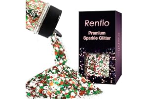 Renfio Xmas Chunky Glitter,Red White Green Mixed Color Glitter for Xmas,1.76oz/50g Mixed Size Iridescent Hexagon Sequin Sparkle for Snowglobe Tumbler,Resin,Craft,Nail,Face,Hair,Festival Decor,Ornament