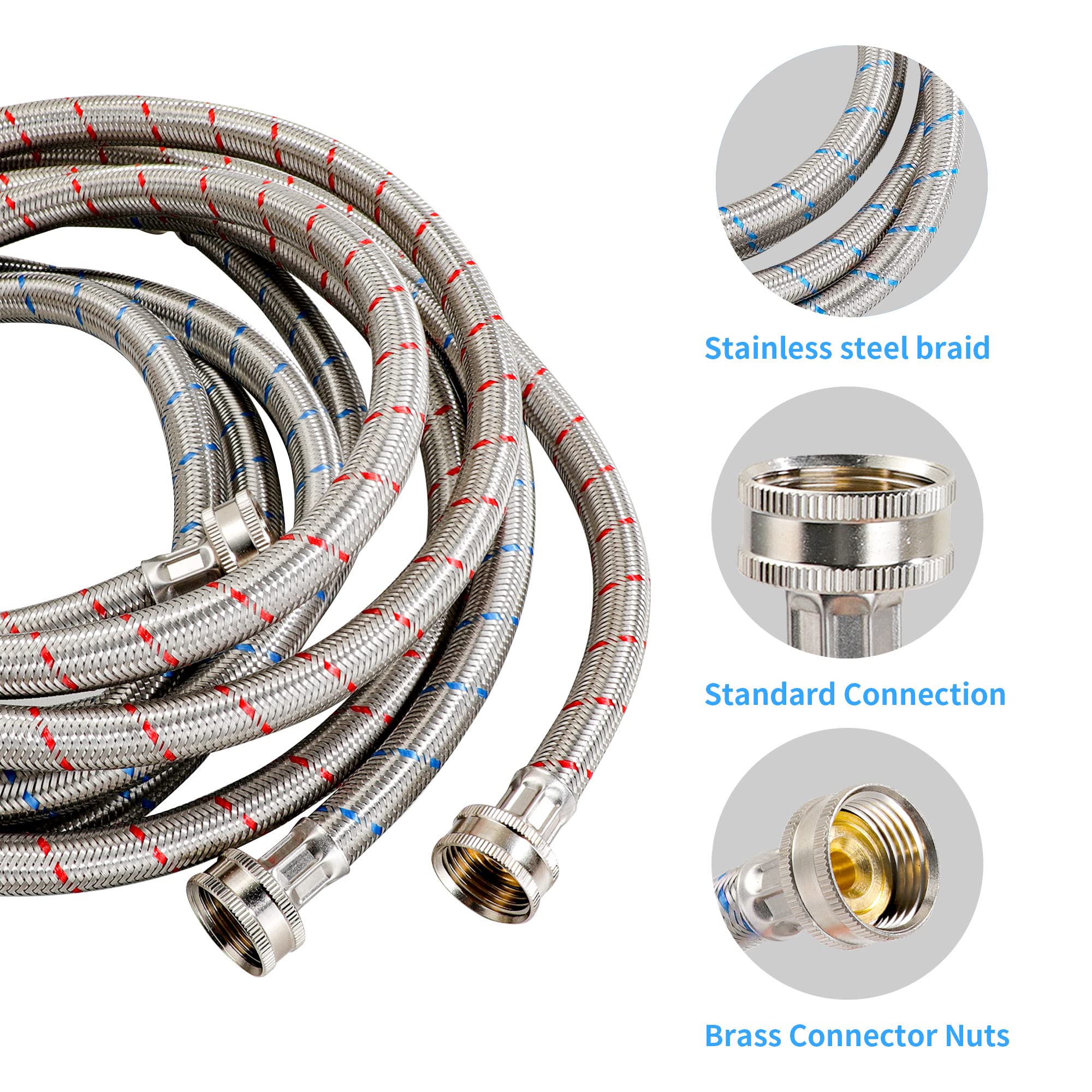 2 Pack 10 FT Stainless Steel Washing Machine Inlet Hose, Hot and Cold Water Washer Supply Hoses,3/4