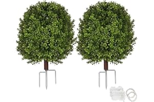 OLPCHEE Artificial Boxwood Topiary Trees for Outdoors, 2 Pack Faux Topiary Ball Tree UV Resistant Fake Shrubs Evergreen Bush Plants for Front Porch Garden Yard Balcony Wedding Decor, 2 Led String Light
