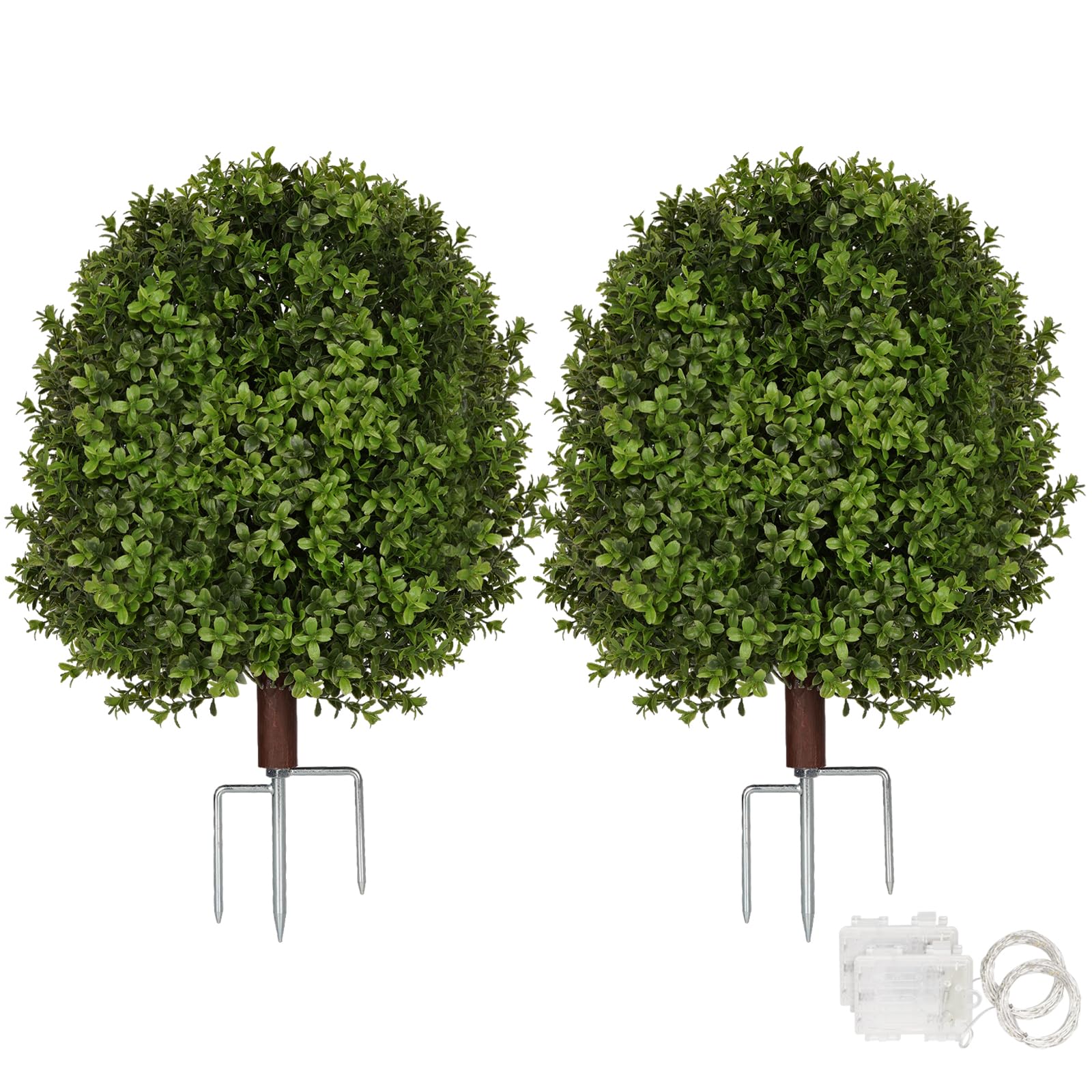 Photo 1 of Artificial Boxwood Topiary Trees for Outdoors, 2 Pack Faux Topiary Ball Tree UV Resistant Fake Shrubs Evergreen Bush Plants for Front Porch Garden Yard Balcony Wedding Decor, 2 Led String Light