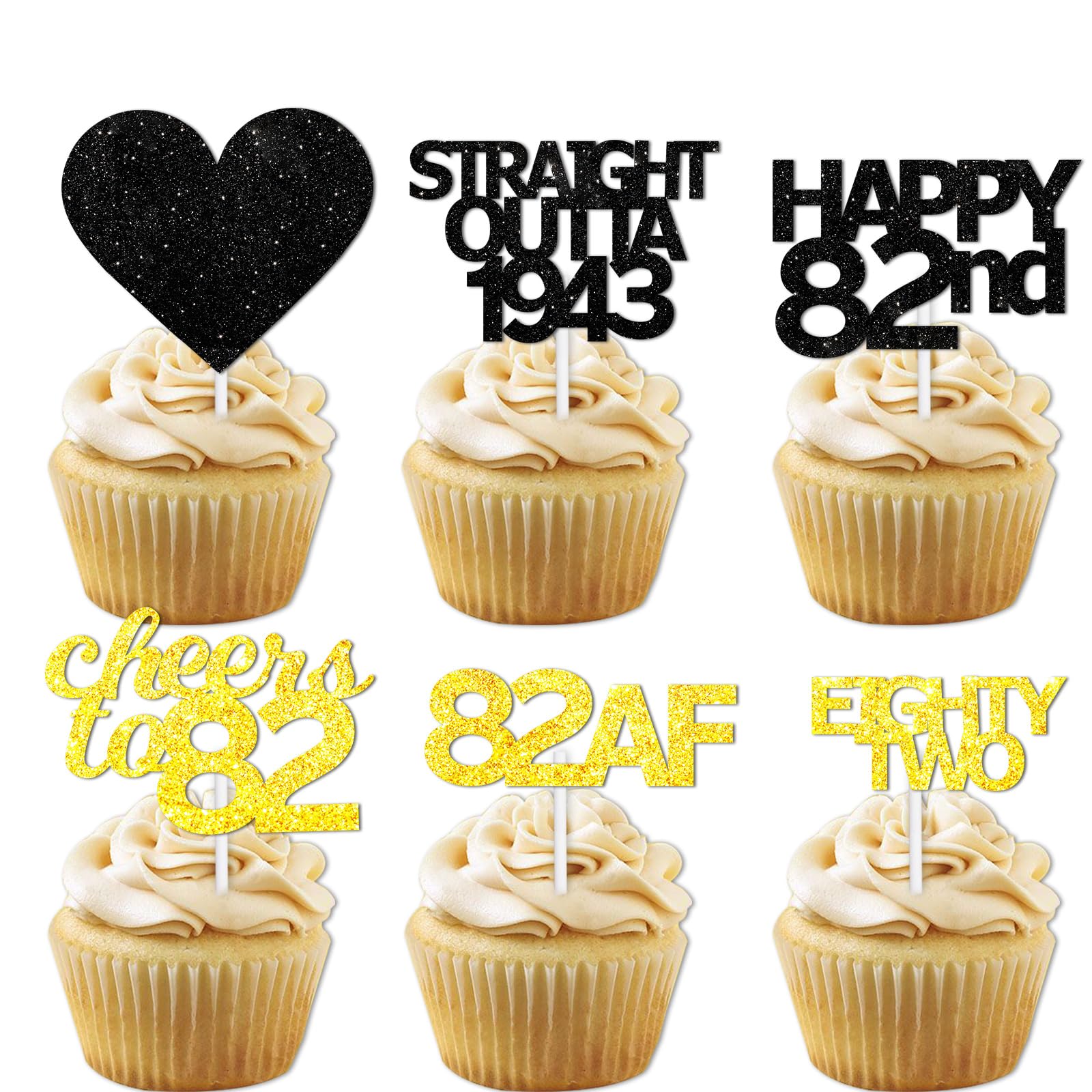 Photo 1 of 18pcs Black Gold Glitter Dessert Cupcake Pick for Straight Outta 1943 Cheer to 82 Years Old Theme Decor Supplies Happy 82nd Birthday Party Decoration