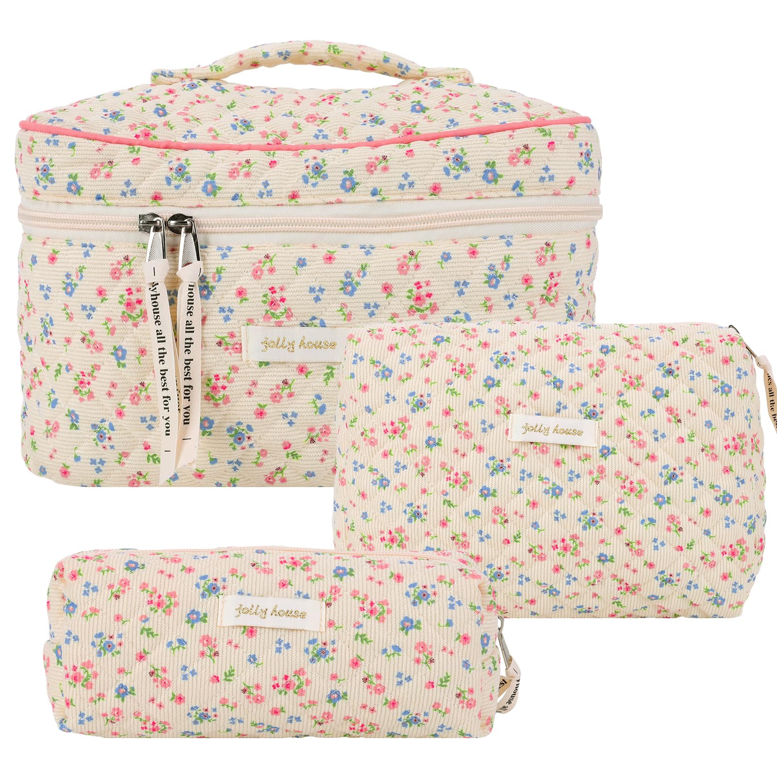 CHAMAIR Quilted Floral Makeup Bag - Coquette Skincare Bag Aesthetic Cosmetic Bag Cotton Toiletry Bag Large Capacity Travel Make Up Bag for Women Ladies Girls (Style B92) — image 1
