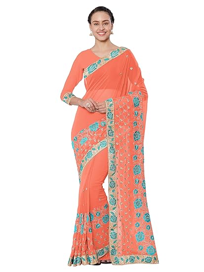 Womens Faux Georgette Zari Floral Embroidered Saree with Border (9534)