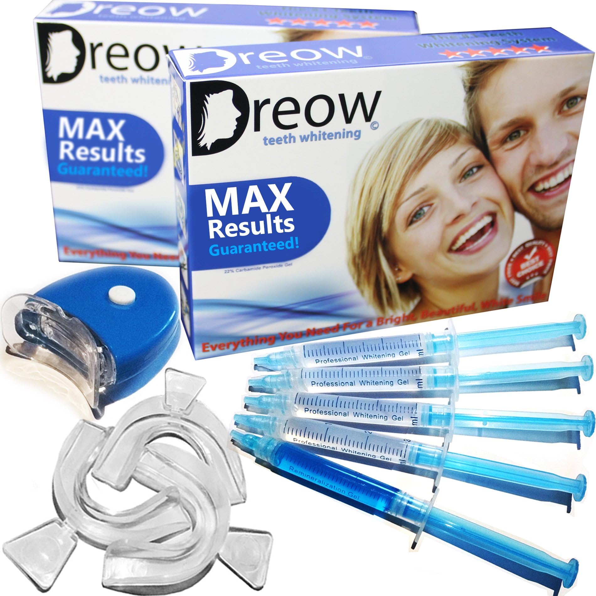 DREOW TEETH WHITENING LED Light KIT, 4 XL Carbamide Peroxide Gel Syringes, Remineralizing Syringe, 3 Mouth Trays. Safe and Fast Results – Whitens Teeth Up To 6 Shades in ONLY 2 Days, Removes Coffee, Wine, Tobacco Stains, Dentist Recommended Product