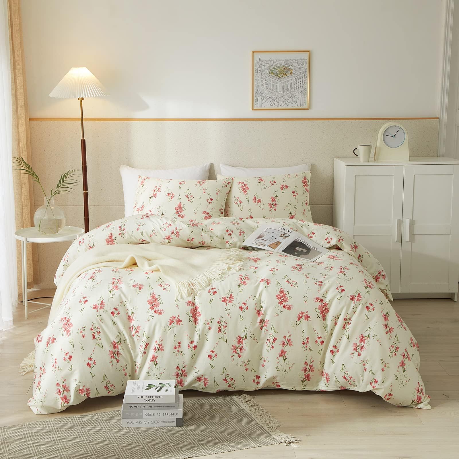 Tabeskly Red Floral flower Soft Zipper Bed Bedding Duvet Cover Set Double Beige 200×200cm