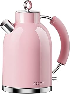 Wasserkocher Edelstahl, ASCOT Elektrischer Wasserkessel, 2200 W, 1,6 liter, Retro Design, kabelloser Teekocher, BPA frei, Trockengehschutz, automatische Abschaltung, (Pink)