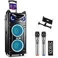 Moukey Karaoke Machine, Double 10" Woofer PA System for Party, Portable Bluetooth Speaker with 2 Wireless Microphone, Disco Lights and Echo/Treble/Bass Adjustment, Support TWS/REC/AUX/MP3/USB/TF/FM
