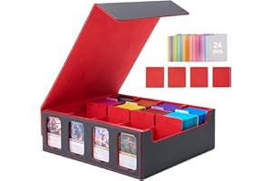 Venssu Card Storage Box for Trading Cards with Card Supporters, 3000+ MTG Deck Box with 24 Colorful Divider Tabs, Trading Card Storage with Viewing Windows Fits for Magic Game(Black and Red)