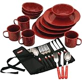 Coleman 24-Piece Enamel Dinnerware Set for Outdoor Dining, Dishwasher Safe, Full Dinnerware &amp; Flatware Set for 4 People