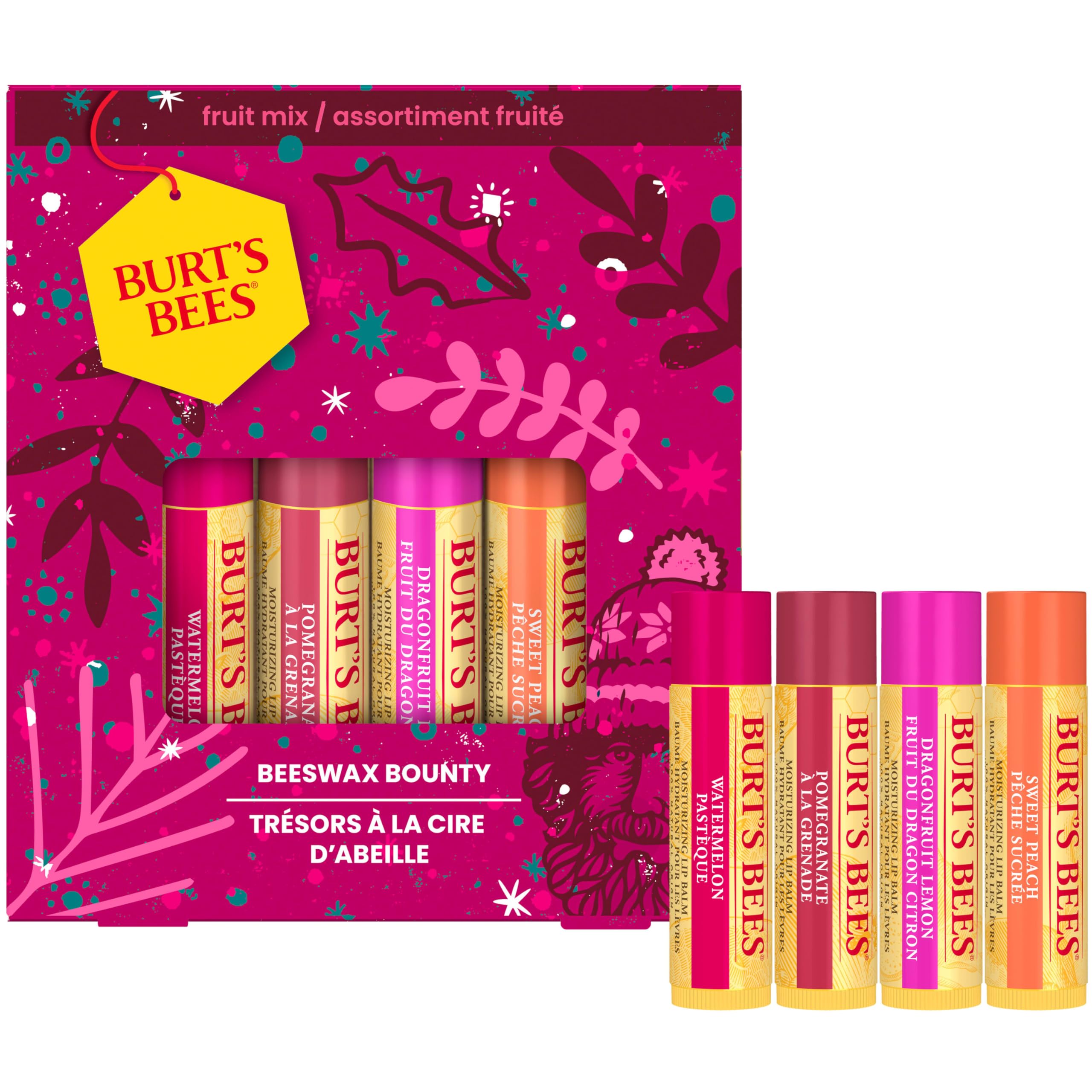 Burt's Bees Lip Balm Gift Set, Beeswax Bounty Fruit Mix, Perfect Lip Balms for Gift Baskets, 4-Pack, 0.15 oz.