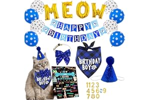 DULUDULU Cat Kitten Birthday Bandanas Cat Birthdays Party Supplies Party Hat Boy with Cat Birthdays Banner Balloons Meow Letter Foil Balloons for Boy Cats Kitten Decorations