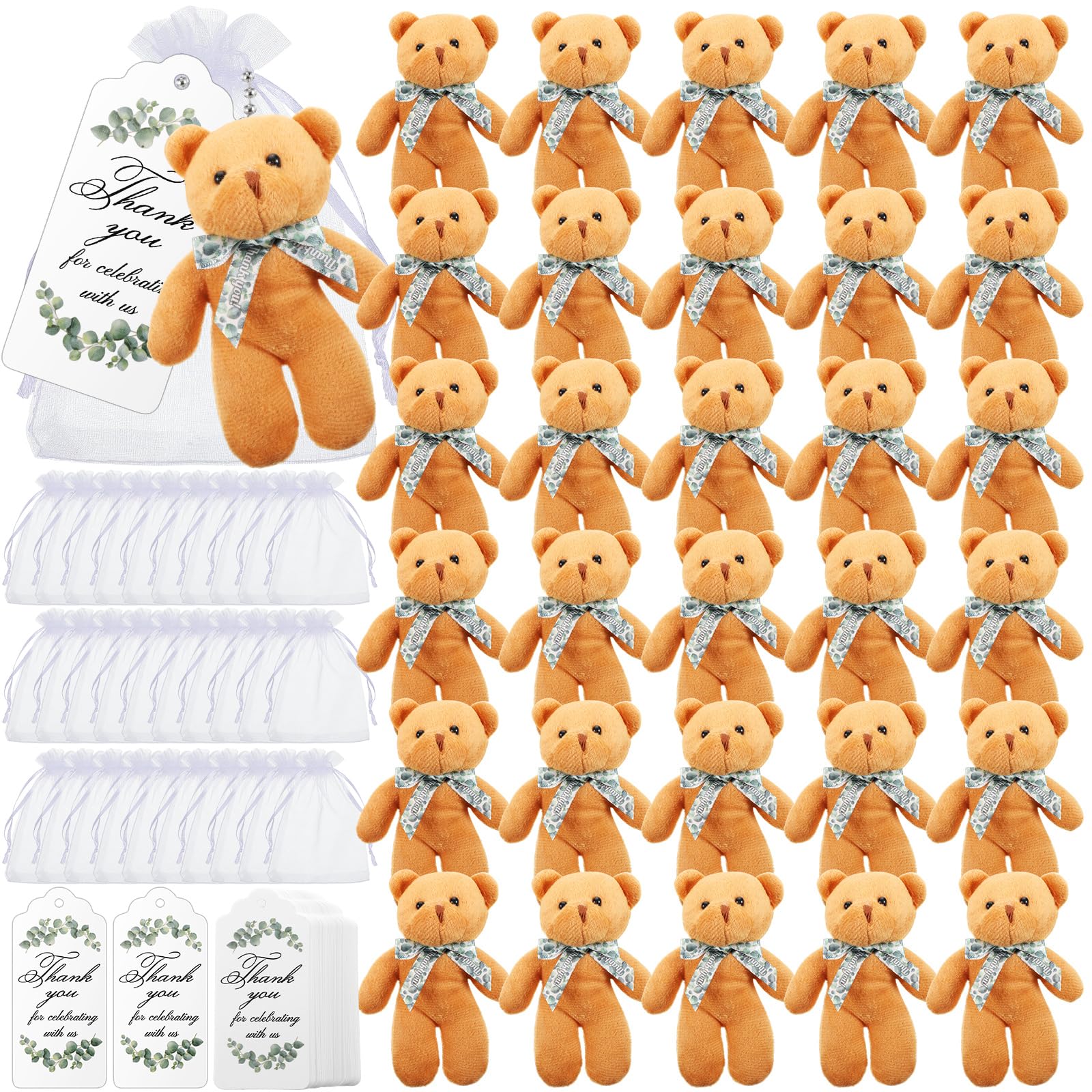 Photo 1 of Wettarn 30 Sets Bear Baby Shower Favors Small Bears Bulk Tiny Plush Bears 4.72 Inch Little Bears with Thank You Tags and Mesh Bags Mini Stuffed Animals for DIY Keychain Birthday Decorations(Brown)