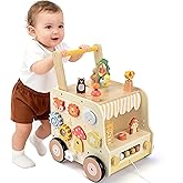 Pithfor Wooden Activity Cube Push Walker, Wooden Baby Walker, Montessori Toys for Babies 10-12 Months 1 2 3 Years Old Boys & Girls, Help Learning to Walk & Sit-to-Stand