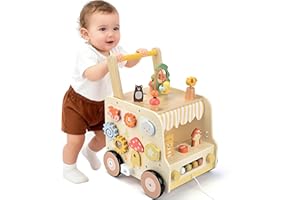 Pithfor Wooden Activity Cube Push Walker, Wooden Baby Walker, Montessori Toys for Babies 10-12 Months 1 2 3 Years Old Boys & Girls, Help Learning to Walk & Sit-to-Stand