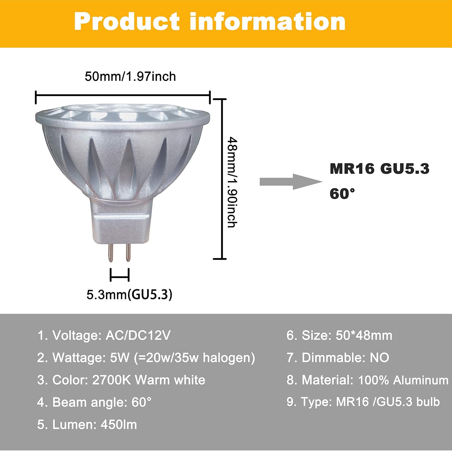 ALIDE MR16 Led Bulbs 60° (60 Degree)Wide Beam Angle, 5W Replace 20W 35W Halogen, 2700K Soft Warm White, Low Voltage 12volt MR16 GU5.3 Bulb Spotlights for Track Recessed Landscape Lighting, 450lm, 6 Pack - - 