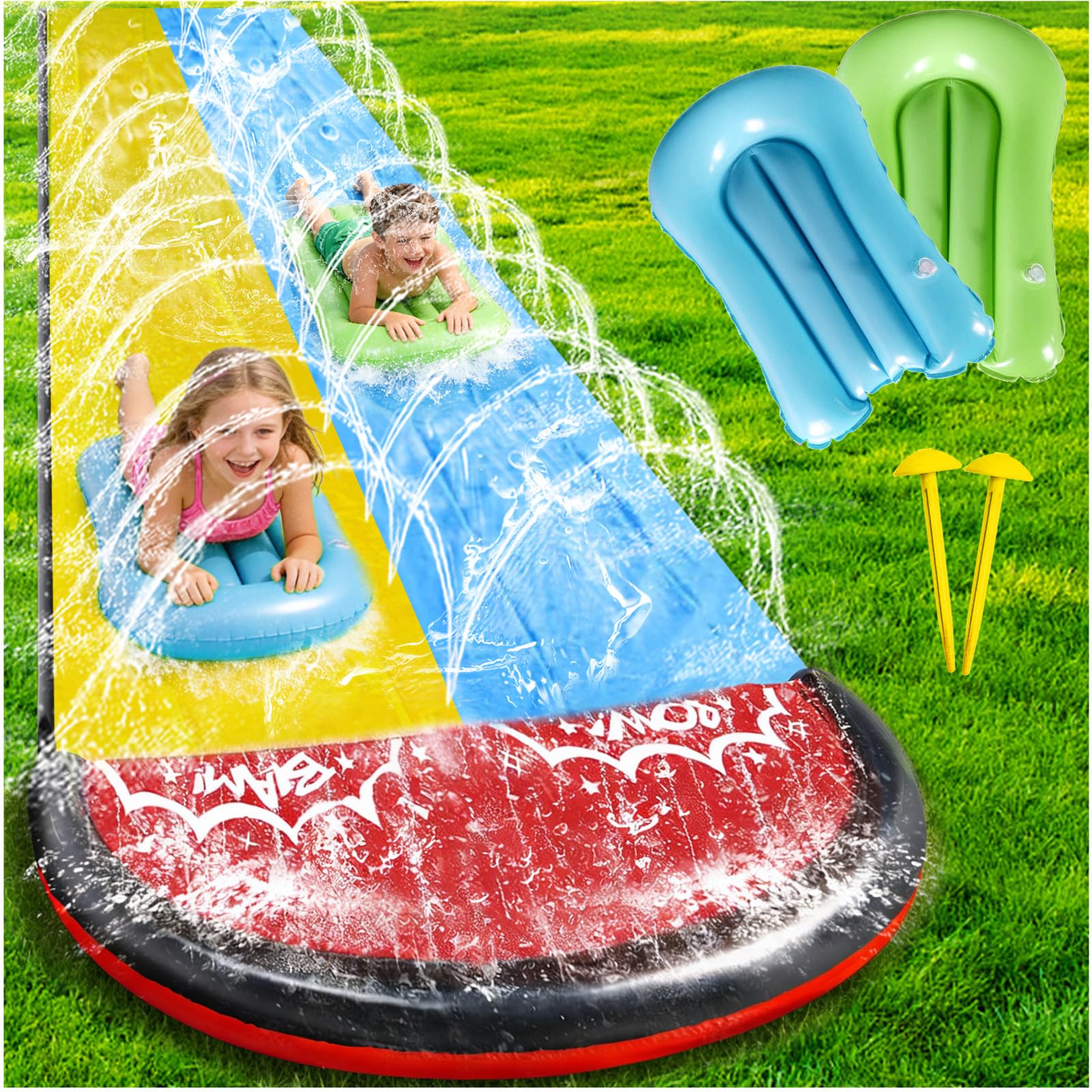 Double Lane Slip and Slide and 2 Bodyboards, 480CM Lawn Water Slide Paddling Garden Toys with Build in Sprinkler Inflatable Play Pool Slide for Backyard Outdoor Water Fun for Kids Adults