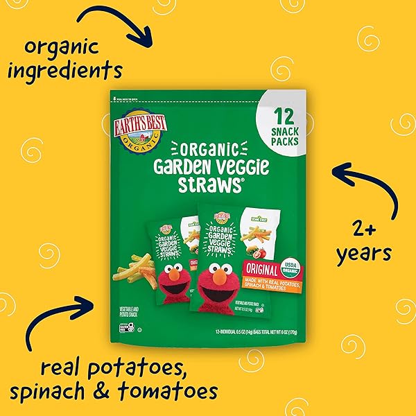EARTH’S BEST ORGANIC KIDS SNACKS, SESAME STREET TODDLER SNACKS, ORGANIC GARDEN VEGGIE STRAWS FOR TODDLERS 2 YEARS AND OLDER, ORIGINAL, MULTIPACK, .5 OZ BAGS, 12 COUNT