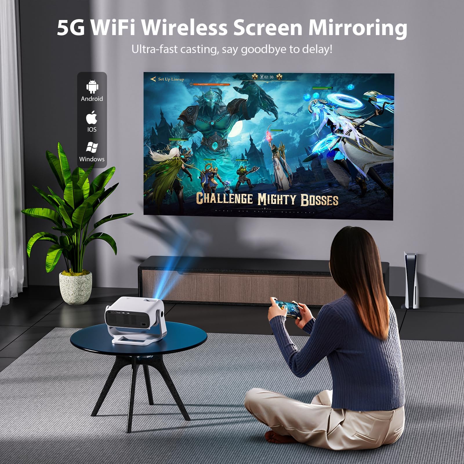 Smart Projector with WiFi 6 and Bluetooth Built-in Apps - 4K Support Portable Bedroom Mini Projector Native 1080P , 2025 New Auto Keystone & Zoom Home Theater Cinema Movie Proyector, 120° Stand