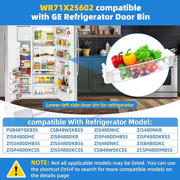 WR71X25602 REFRIGERATOR DOOR SHELF BIN COMPATIBLE WITH GE REFRIGERATOR PARTS SHELF, WR71X25602 DOOR BIN REPLACE PARTS WR71X10410 PS11721935 AP5985814 FRIDGE LEFT DOOR BIN