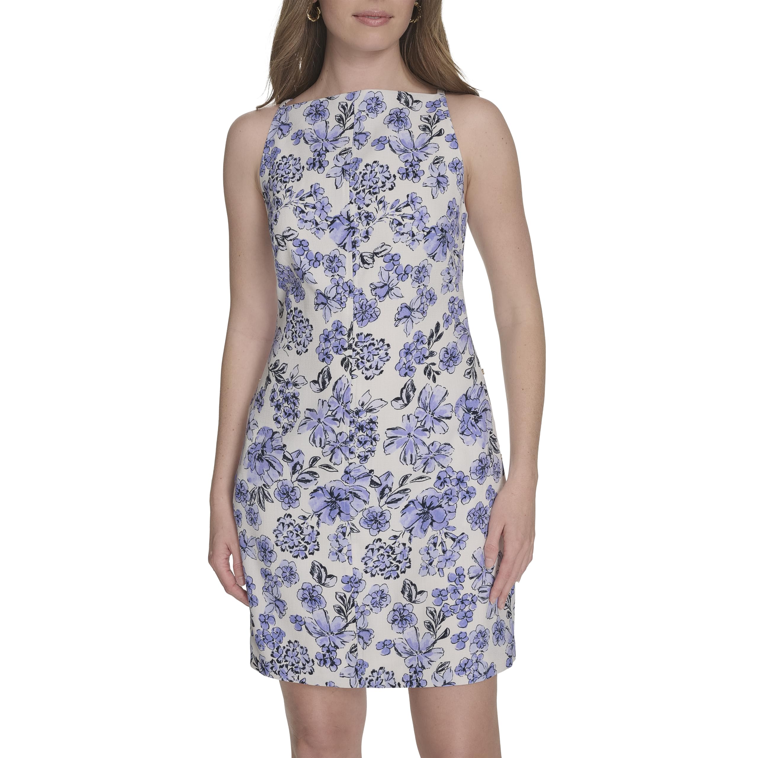 Tommy Hilfiger Women’s Sleeveless Square High Neck Shift Mini Dress, Ivory Multi, 10