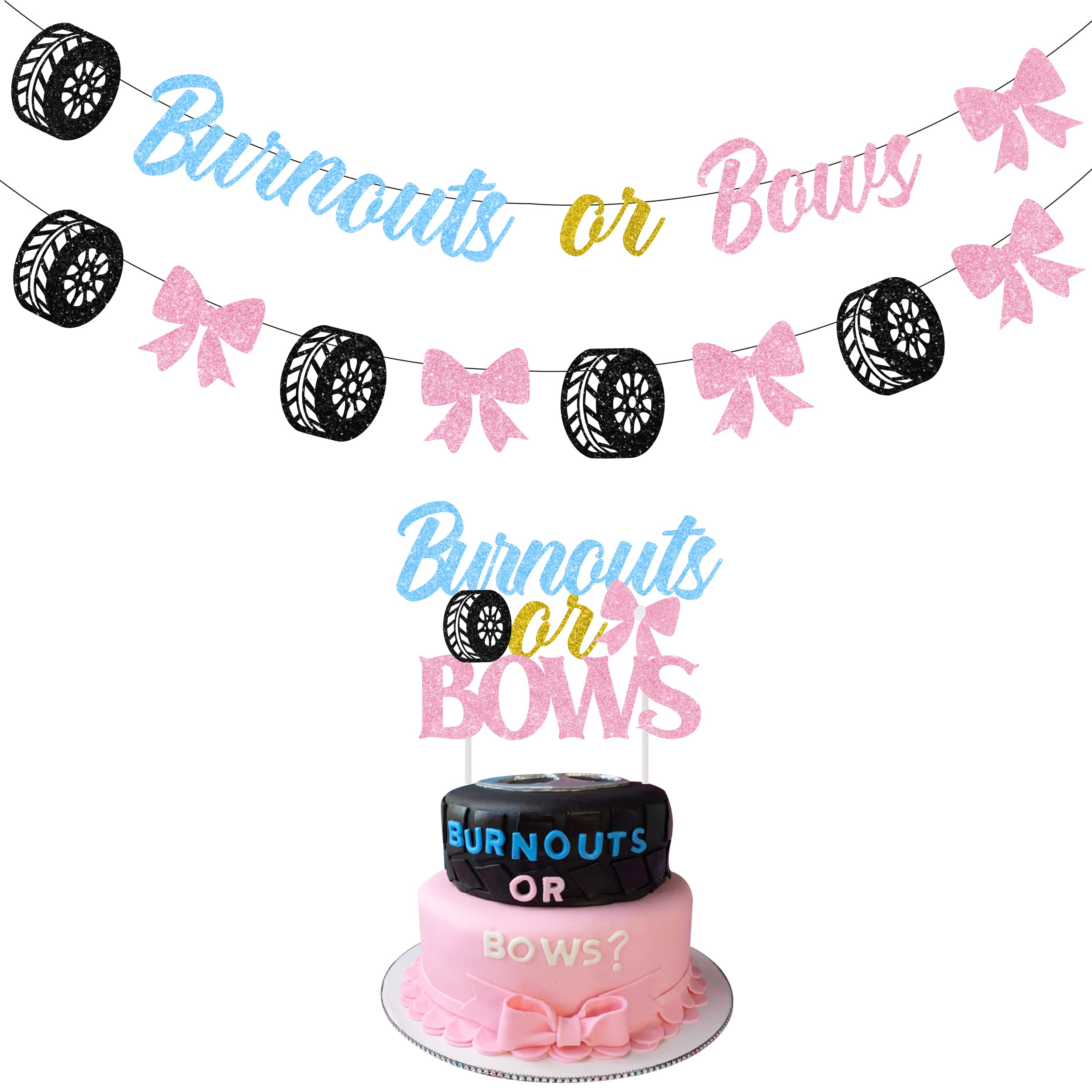 Gender Reveal Decorations Bunting He or She Blue Pink Burnouts or Bows Banner Cake Topper for Baby Shower or Pregnancy Announcement
