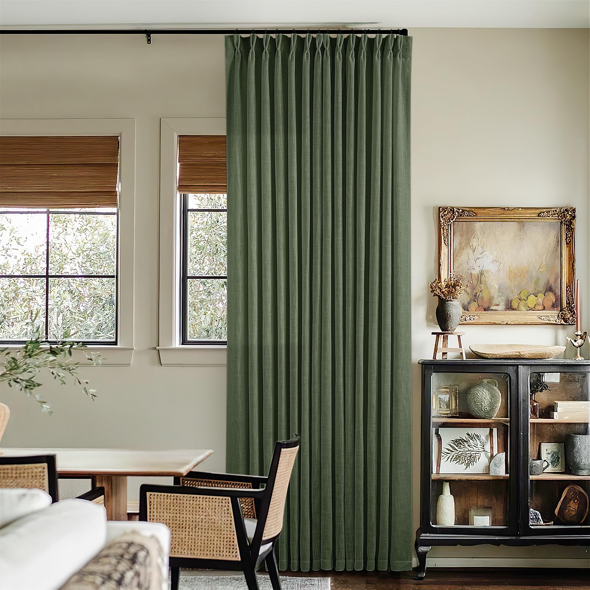 Photo 1 of 108 Inch Linen Pleated Curtains 2 Panels Set for Living Room Bedroom Farmhouse Cotton Rustic Farmhouse Back Tab Memory Trained Pinch Pleat Window Curtain Olive Green 108 Inch Length for Office 9FT