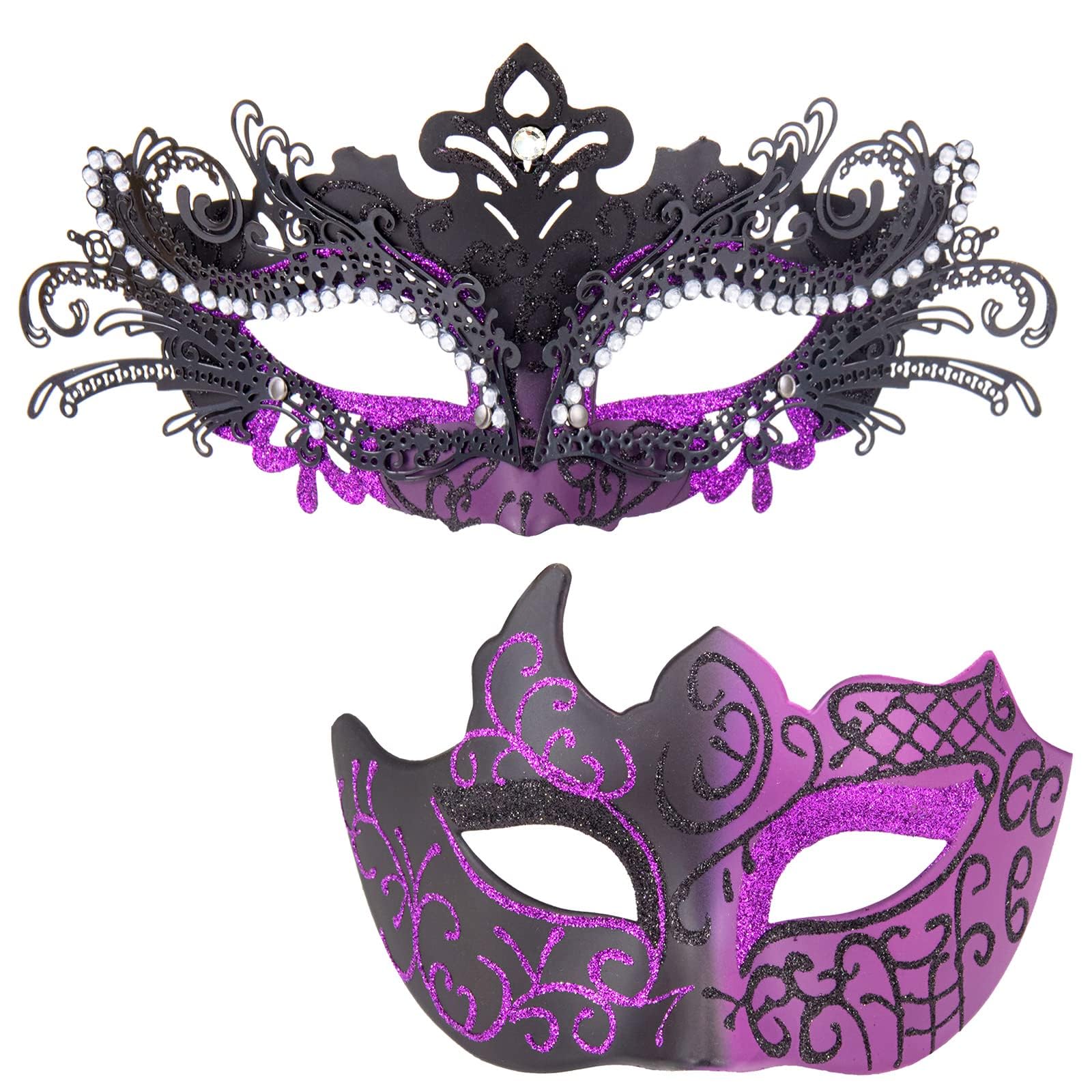 MYSEUNI Purple Masquerade Mask for Couples - Shiny Rhinestone Venetian Mask & Mens Venetian Half Mask for Mascarade Ball Evening Prom Costumes Halloween Mardi Gras Party Carnivals Wedding — image 1