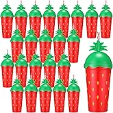 Qinyoung 24 Pcs Valentine's Day Strawberry Theme Plastic Cups with Lids Straws 20oz Large Capacity Reusable Cups Strawberries Party Drinking Bottles for Summer Fruit Birthday Wedding Party Supplies