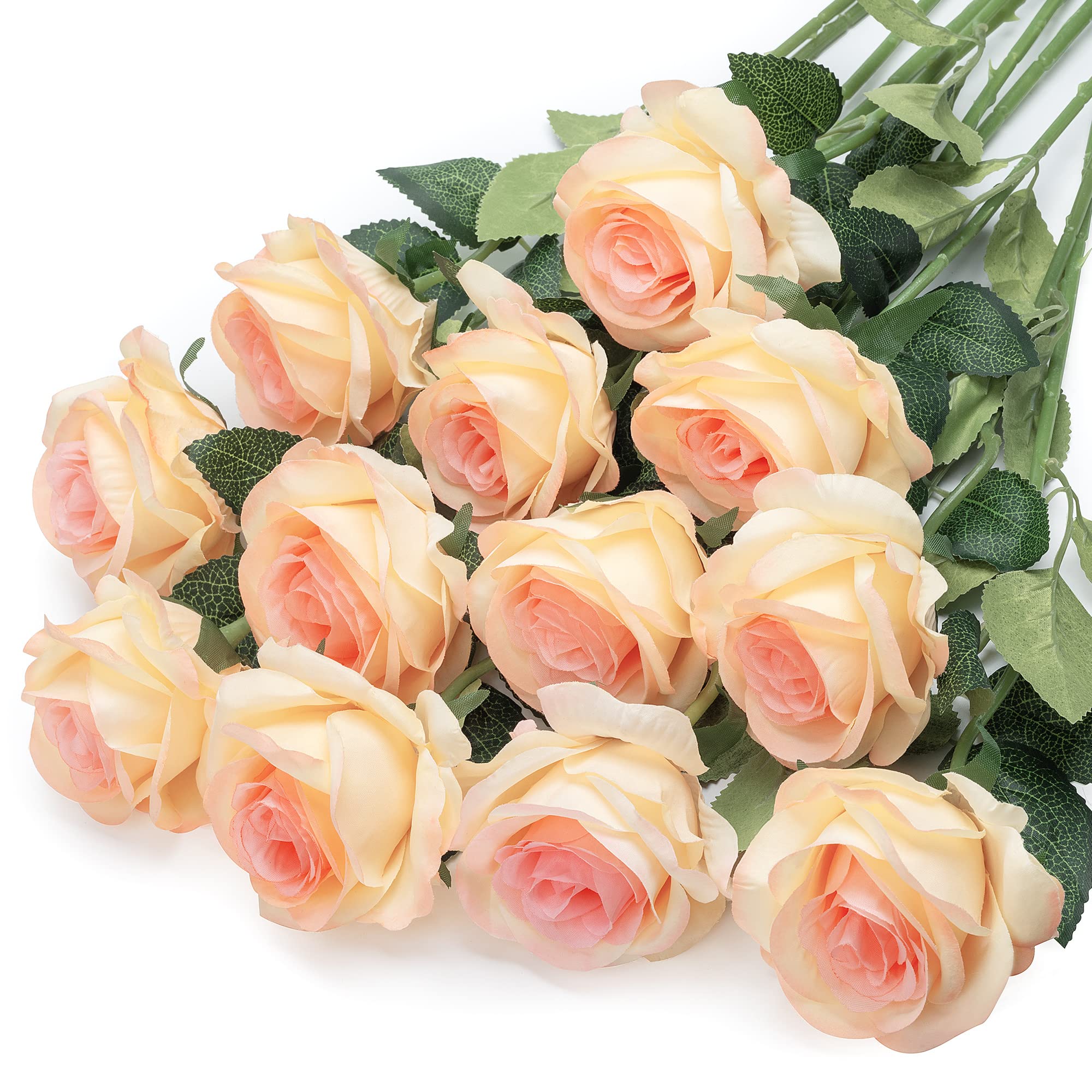 Mocoosy 12PCS Artificial Roses Fake Flowers for Decorations, Champagne Silk Roses Single Stem Flowers Artificial Bouquet for Wedding Centerpiece Arrangement Valentines Birthday Party Home Table Decor