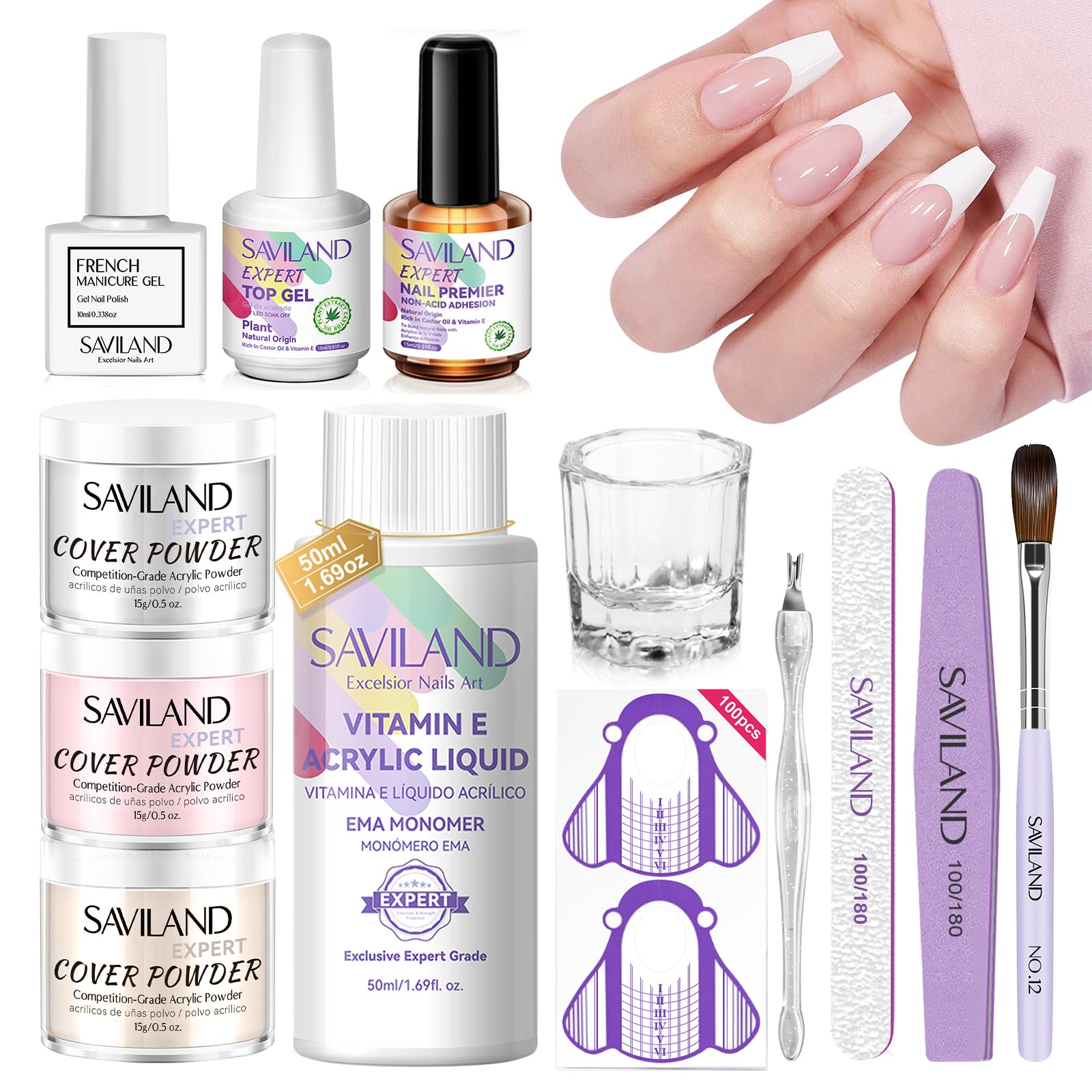 SAVILAND Advanced Acrylic Nail Kit Ultra-Hard: Long-lasting Nails Kit Acrylic Set Clear Pink Nudes Keratin Acrylic Powder Acrylic Liquid Acrylic Brush for French Manicure DIY Nail Extension Carving