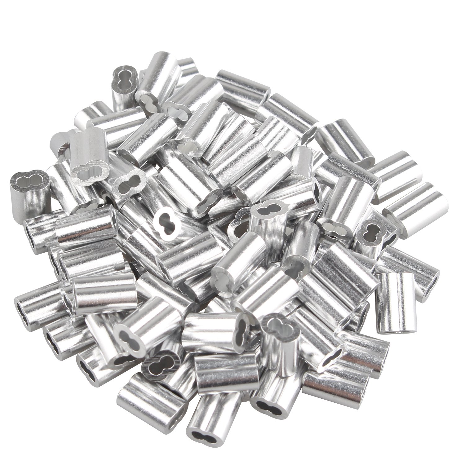 Futheda 100 pcs Aluminum Crimping Loop Sleeve Clips with Double Ferrules/Holes for 1.5mm Cable Wire Rope Silver Tone