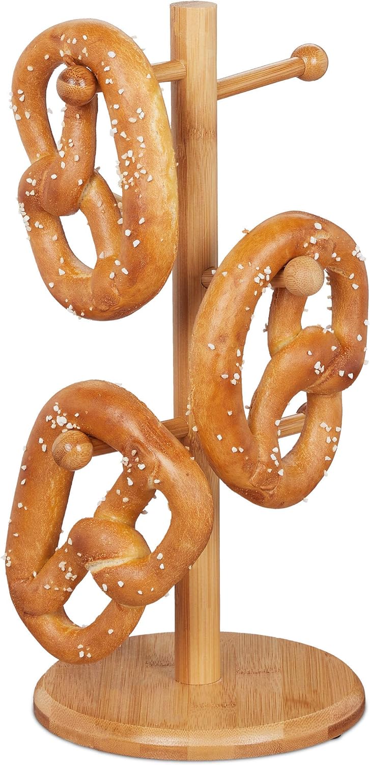 Relaxdays 10024604 Brezelständer aus Bambus, 6-armig, Höhe 35 cm, auch als Wurstständer oder Tassenhalter, Brezelbaum Holz, Natur